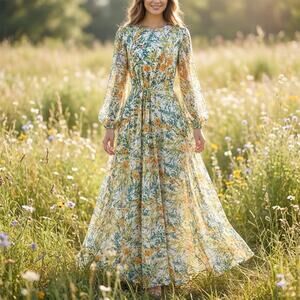 Sachin & Babi Aria Long Sleeve Beaded Sequin Floral Dress Gown Size 2 New